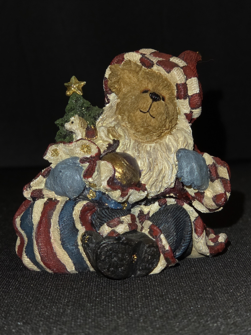 Boyds Bears Festive Bear Ornament in Red, Blue & Cream with Gold Accents Vintage